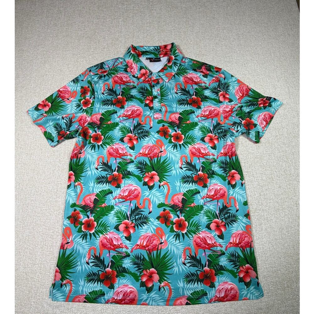 Yatta Golf Mens Large Pink Green Flamingo Print Short Sleeve Polo Athletic Golf